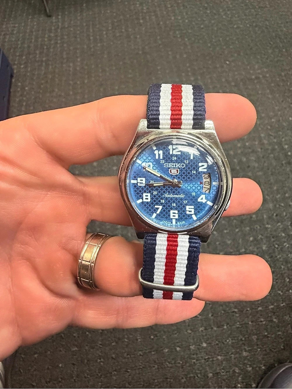 Seiko 5 Automatic Arabic Dial Blue & Red Watch